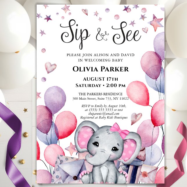 Girl Baby Elephant Pink Balloons SIP AND SEE Invitation (Creator Uploaded)