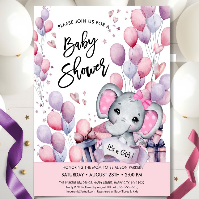 Girl Baby Elephant Pink Balloons Stars Baby Shower Invitation (Creator Uploaded)
