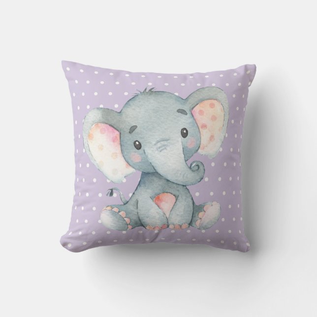 Girl Baby Elephant Purple and Grey Cushion (Front)