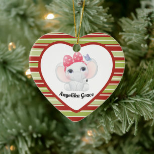Girl Baby Elephant with Bow Custom Name Ceramic Tree Decoration