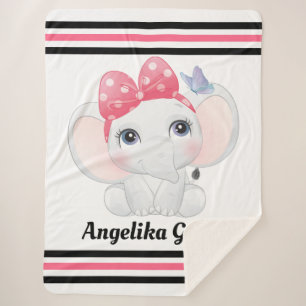 Girl Baby Elephant with Bow Custom Name Sherpa Blanket