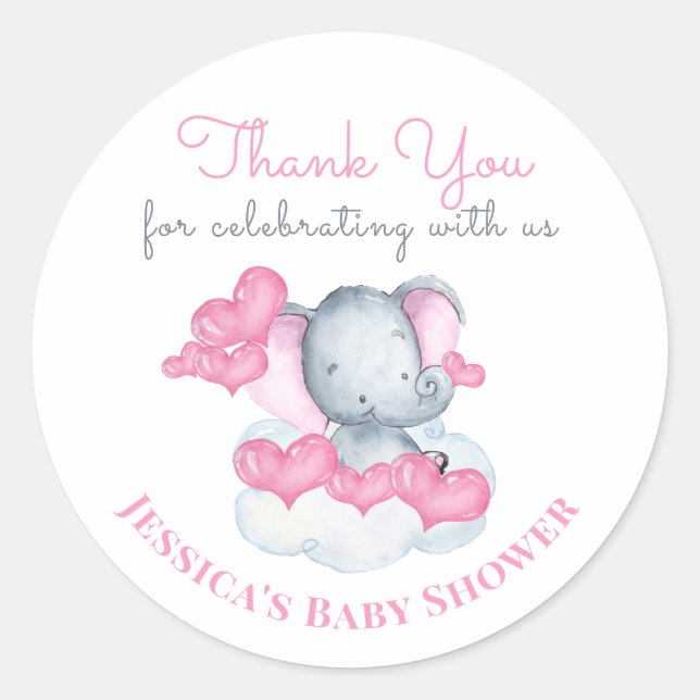 Girl Baby Elephant with Pink Hearts - Thank You Classic Round Sticker (Front)