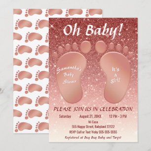 Girl Baby Feet Rose Gold Glitter Ombre Baby Shower Invitation