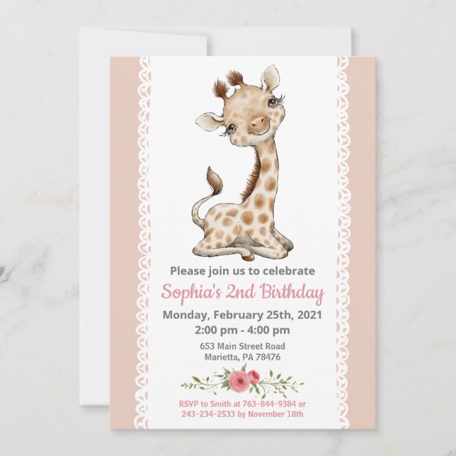 Girl Baby Giraffe Birthday Party Invitation (Front)