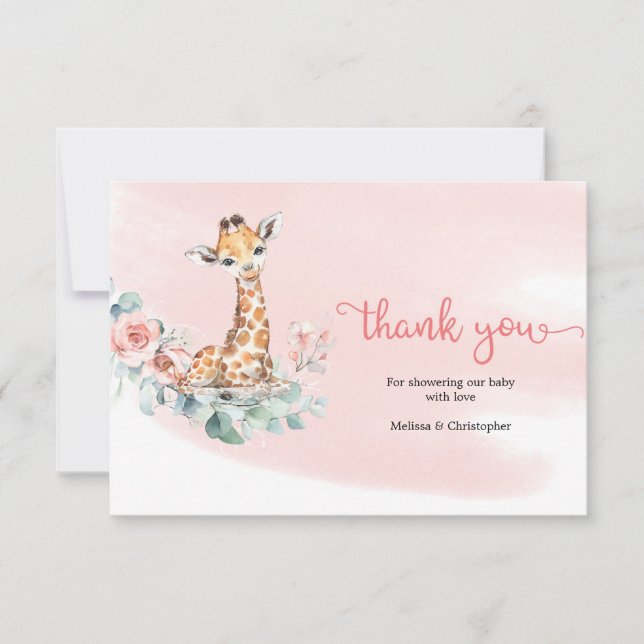  Girl baby giraffe dusty pink flowers eucalyptus Thank You Card (Front)