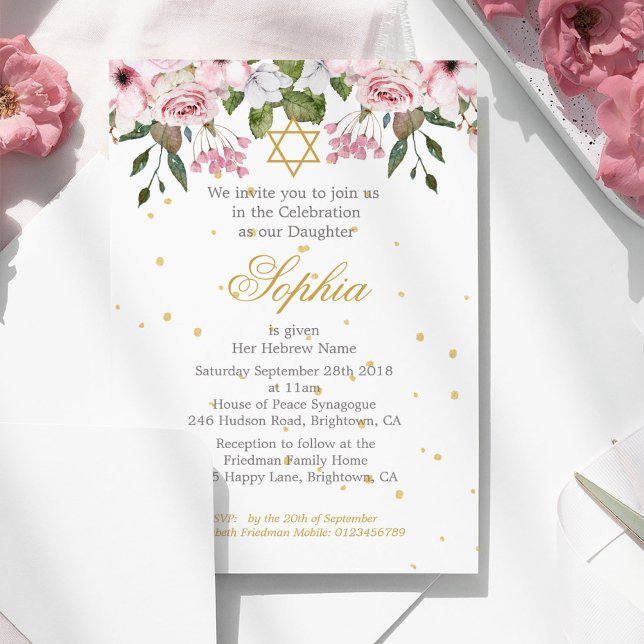 Girl Baby Hebrew Naming Ceremony Floral Gold Pink  Invitation (Creator Uploaded)