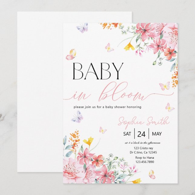 Girl Baby in Bloom Butterfly Baby Shower Invitation (Front/Back)