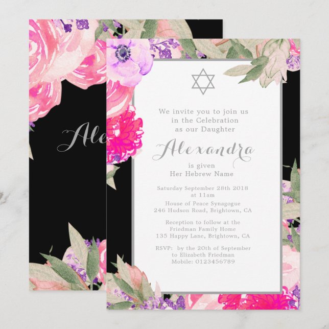 Girl Baby Naming Ceremony Hebrew Floral Elegant Invitation (Front/Back)