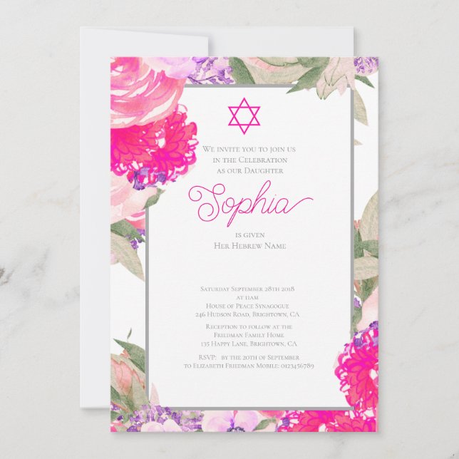 Girl Baby Naming Ceremony Hebrew Floral Silver Invitation (Front)