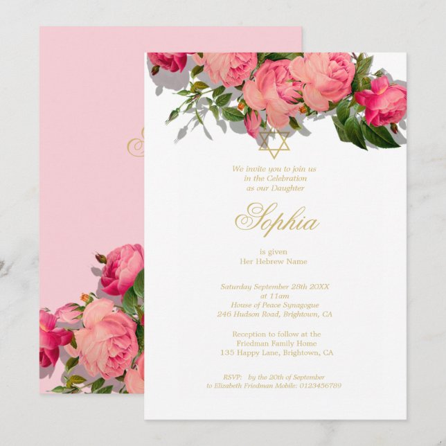 Girl Baby Naming Ceremony Jewish Floral Roses Pink Invitation (Front/Back)