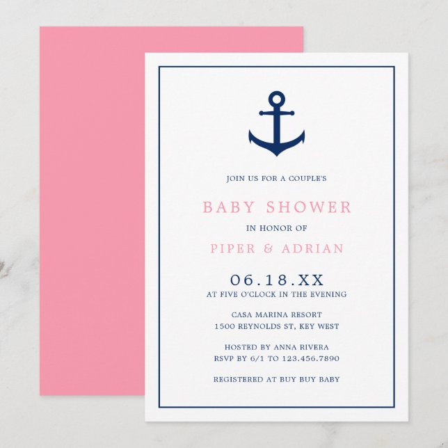 Girl Baby Nautical Pink Blue Anchor Couples Shower Invitation (Front/Back)