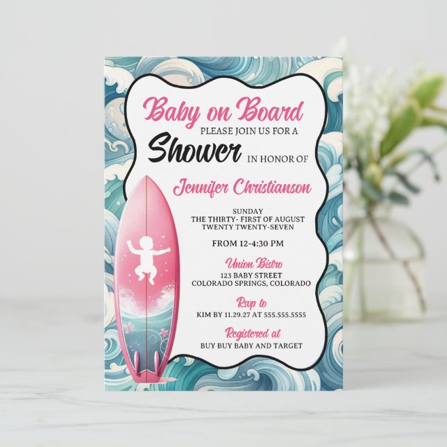 Girl Baby on Board Baby Shower Invitation (Standing Front)