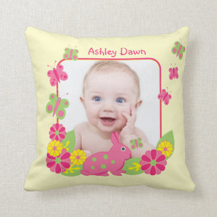 Girl Baby Photo Template Bunny Butterflies Flowers Cushion