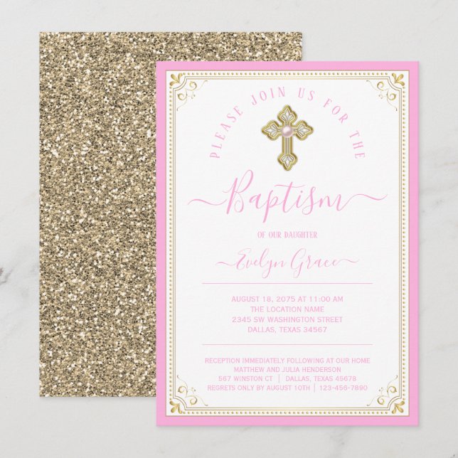 Girl Baby Pink Light Gold Elegant Baptism Invitation (Front/Back)