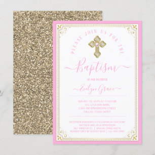 Girl Baby Pink Light Gold Elegant Baptism Invitation