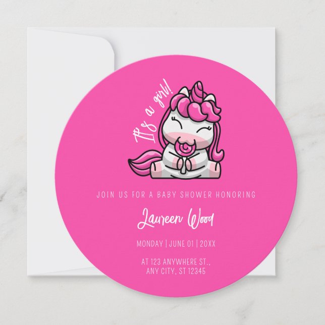 Girl Baby Pink Unicorn Gender Reveal Party Invitation (Front)