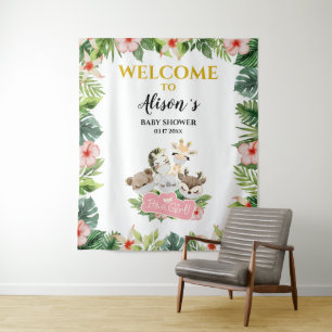 Girl Baby Shower BACKDROP   Gold Safari Friends Tapestry