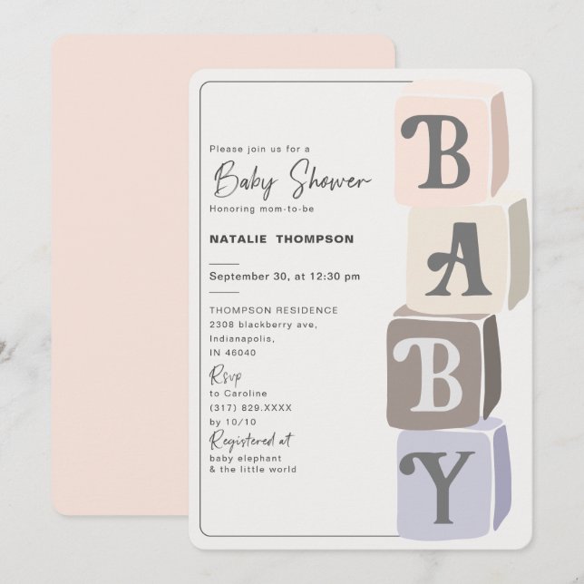 Girl Baby Shower Blocks Blush Invitation (Front/Back)