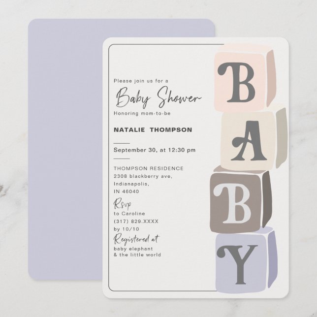 Girl Baby Shower Blocks Purple Invitation (Front/Back)