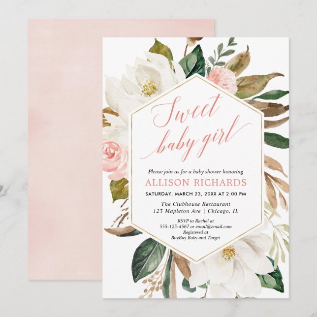 Girl baby shower blush greenery magnolia floral invitation (Front/Back)