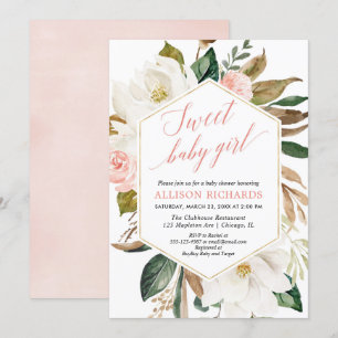 Girl baby shower blush greenery magnolia floral invitation