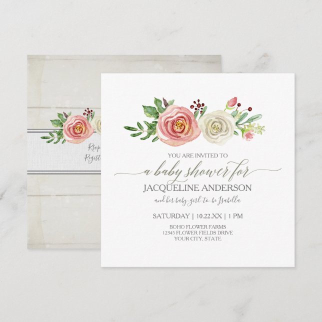 Girl Baby Shower Blush n White Roses Rustic Wood Invitation (Front/Back)