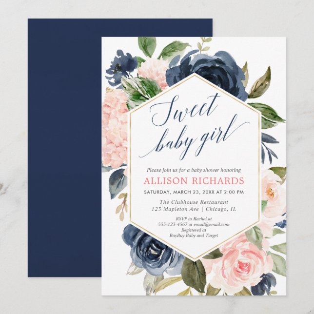 Girl baby shower blush pink navy blue floral invitation (Front/Back)
