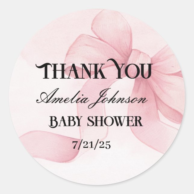 Girl Baby Shower Blush Pink Ribbon Coquette Classic Round Sticker (Front)