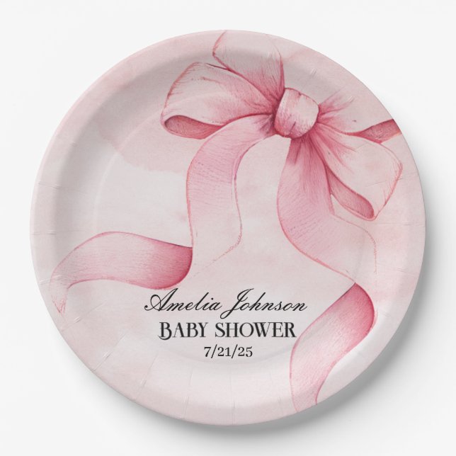 Girl Baby Shower Blush Pink Ribbon Coquette  Paper Plate (Front)