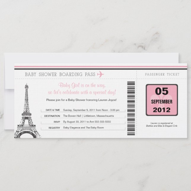 Girl Baby Shower Boarding Pass to Paris Invitation (Front)