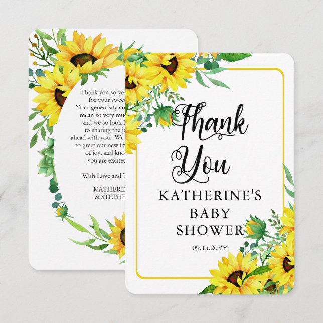 Girl Baby Shower Boho Sunflowers Thank You  (Front/Back)