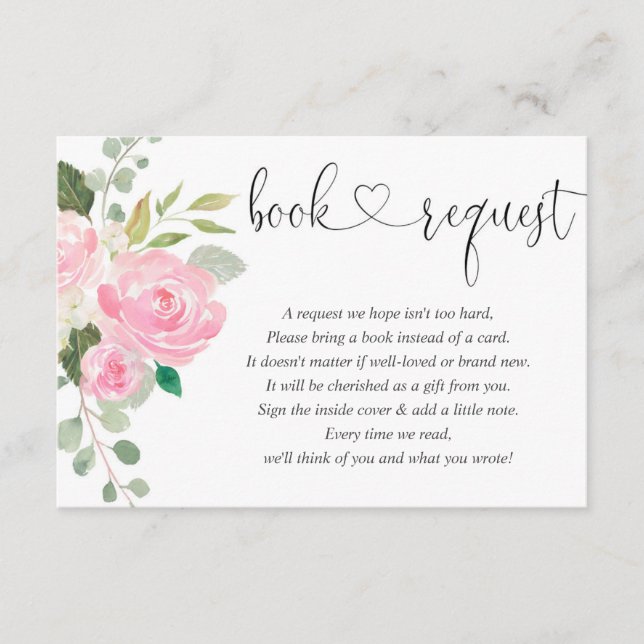 Girl baby shower book request, blush pink white enclosure card (Front)