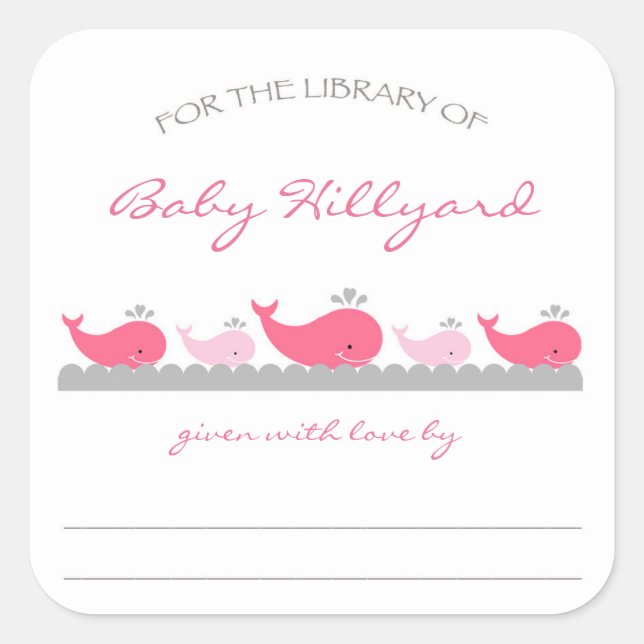 Girl Baby Shower bookplates / pink grey whales Square Sticker (Front)