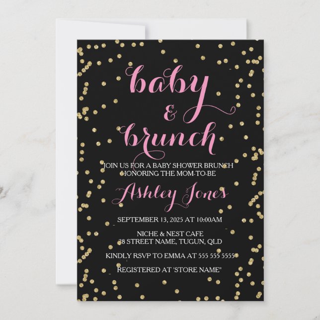 Girl Baby Shower & Brunch Gold Glitter Black card (Front)