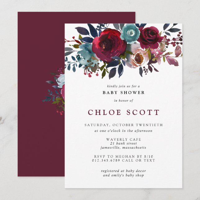 Girl Baby Shower Burgundy Rose Floral Invitation (Front/Back)