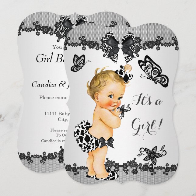 Girl Baby Shower Butterfly Black White Blonde Invitation (Front/Back)