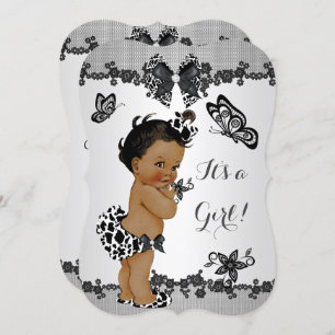 Girl Baby Shower Butterfly Black White Ethnic Invitation