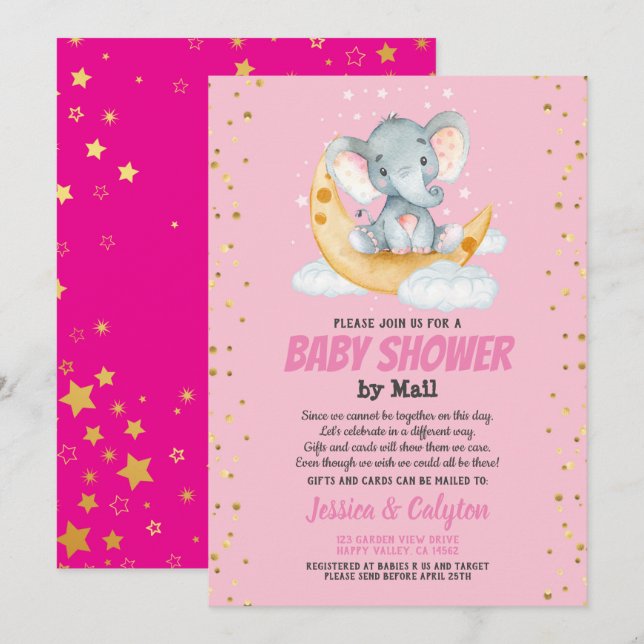 Girl baby shower by mail elephant moon and star invitation (Front/Back)