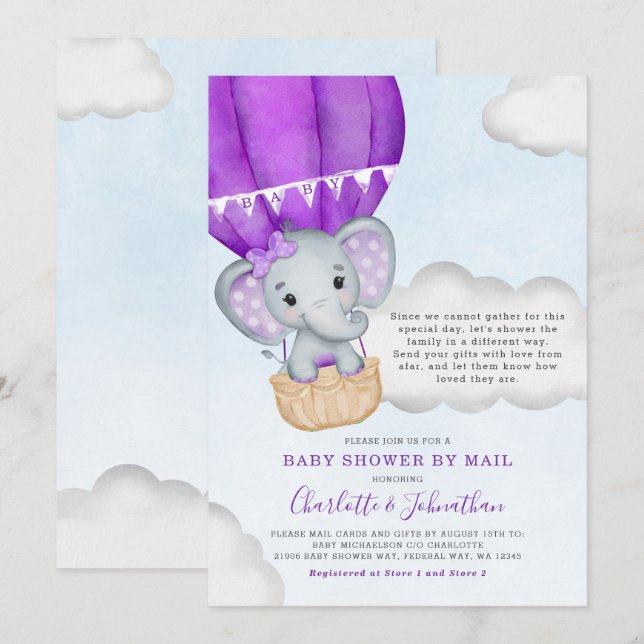 Girl Baby Shower By Mail Elephant Purple Invitation (Front/Back)