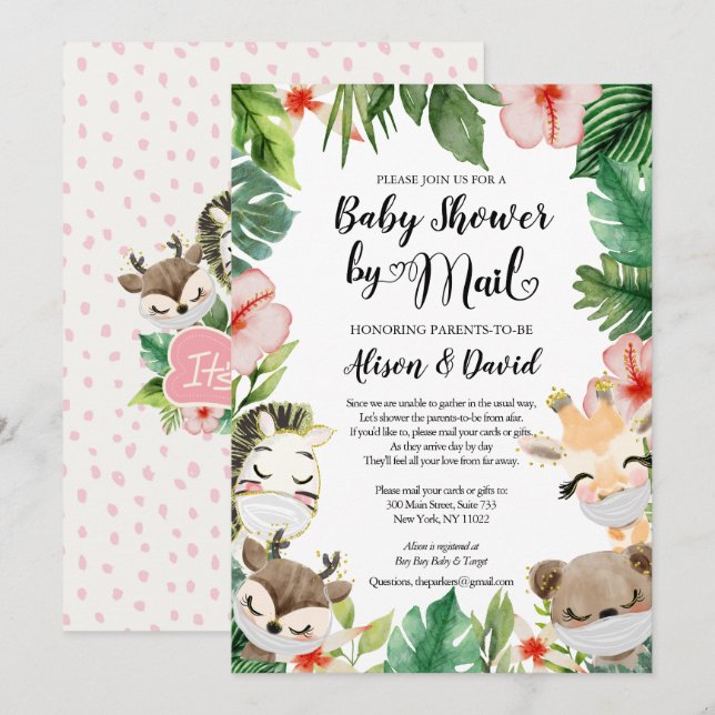 Girl Baby Shower By Mail | Masked Safari Friends Invitation (Front/Back)