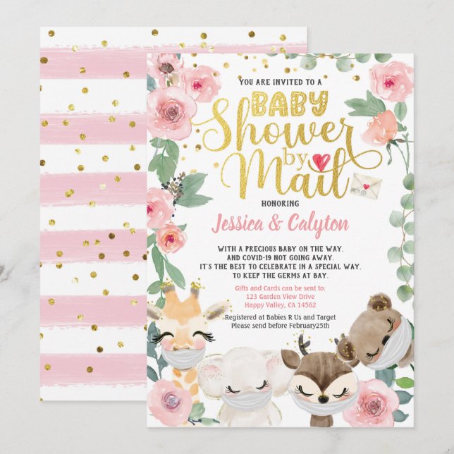 Girl Baby Shower By Mail Pandemic Woodland Animal Invitation (Front/Back)