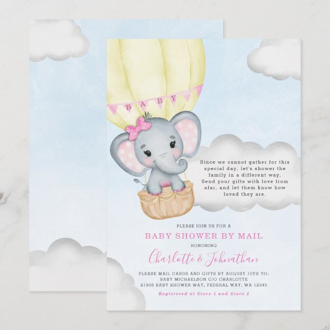 Girl Baby Shower By Mail Pink Elephant Invitation (Front/Back)