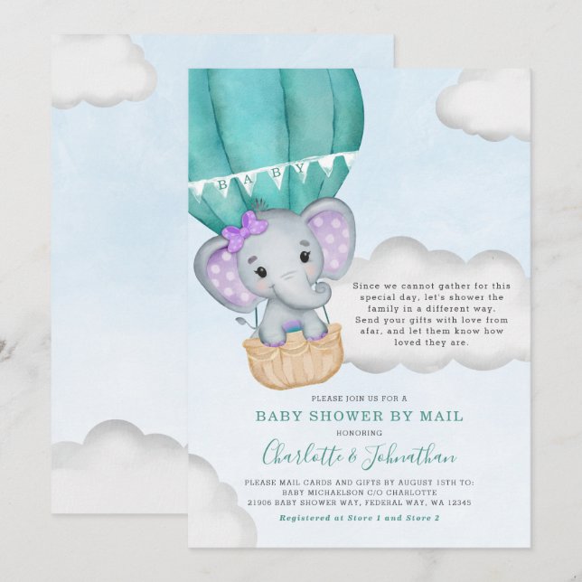 Girl Baby Shower By Mail Purple Elephant Invitation (Front/Back)