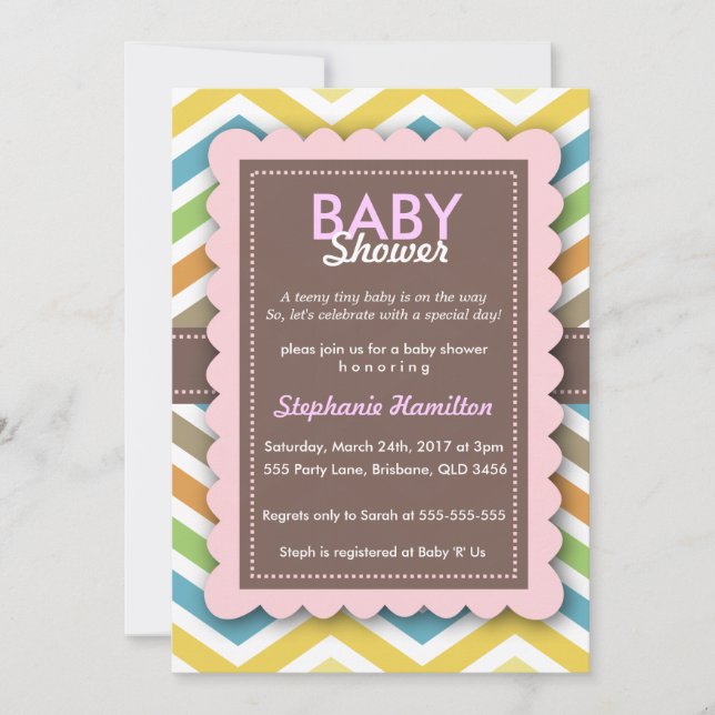 Girl Baby Shower Chevron Frame Colourful Invitation (Front)