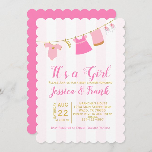 Girl Baby Shower Clothes Line Invitation (Front/Back)