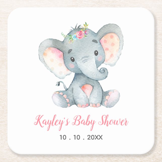 Girl Baby Shower Coasters (Elephant Pink) (Front)
