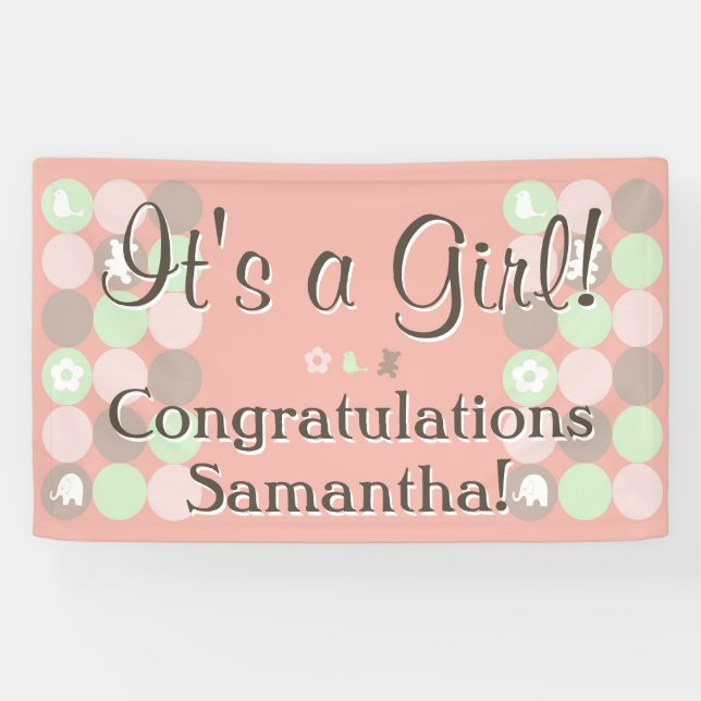 Girl Baby Shower Custom Printed Pink Brown Dots Banner (Horizontal)