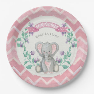 Girl Baby shower Cute Elephant Sweet Peas Chevron Paper Plate