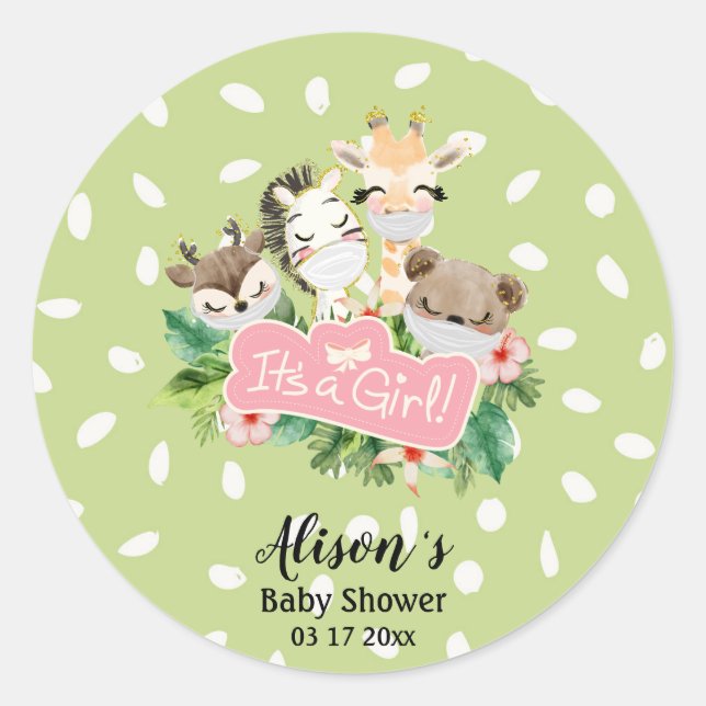Girl Baby Shower | Cute Gold Safari Animal Friends Classic Round Sticker (Front)