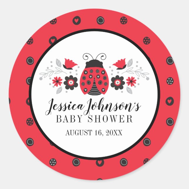 Girl Baby Shower Cute Red Ladybug Classic Round Sticker (Front)
